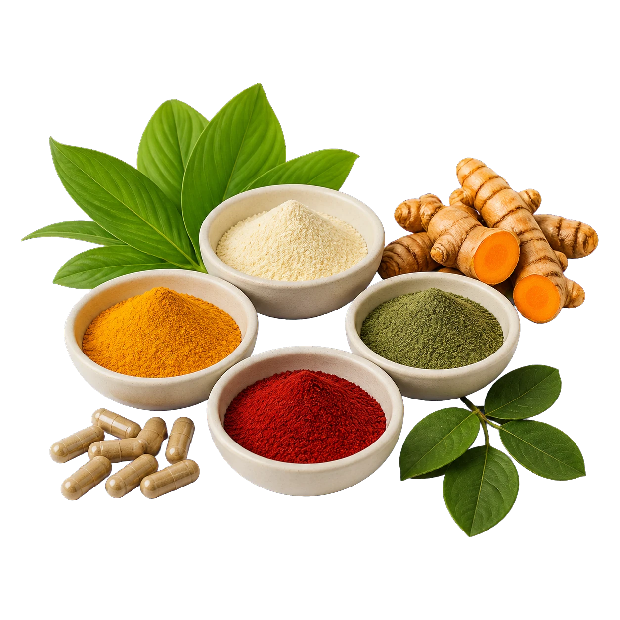 Botanical powders, capsules, leaves, and turmeric ingredient formats